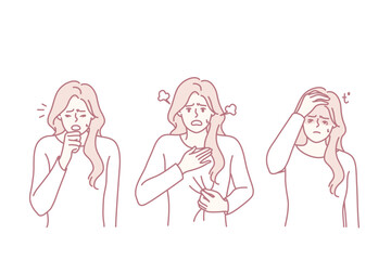 woman displaying sneeze cough and eye rub across three panels, sequence shows symptom progression from sneeze to coughing to eye irritation, seasonal allergy or cold scenario, soft