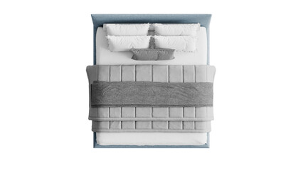 Top view of a blue bed with a comforter and pillows on an isolated background.
