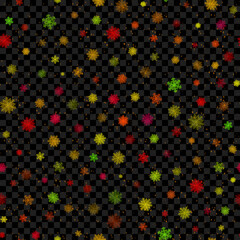 Seamless pattern with isolated bright Christmas snowflakes and snow on a transparent background. Vector illustration.
