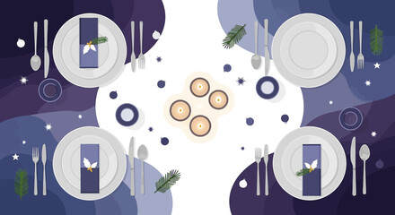 Festive winter table setting with candlelight and elegant decorations creating a celebratory