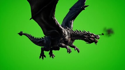 Black dragon soars powerfully against vibrant green screen backdrop creating a captivating fantasy creature moment perfect for VFX and video effects - Powered by Adobe