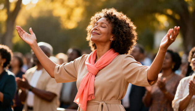 Spiritual Black woman worshiping with hands raised outdoors. Happy African American female praising God at church gathering