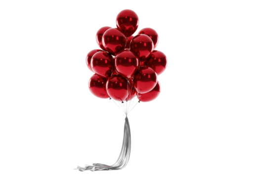 deep candy apple red glossy balloons tightly packed, floating slightly against a pristine transparent studio background, held by a luxurious silver satin ribbon. holiday celebration atmosphere