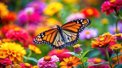 Obraz premium Colorful butterfly perched on a blooming flower amidst vibrant flowers and foliage