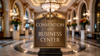 Elegant marble lobby conference center signage welcoming global executives photo