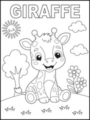 Cute Baby Giraffe Sitting in Sunny Garden with Flowers, Trees, and Clouds. Adorable Cartoon Giraffe Coloring Page for Kids. Fun Animal Illustration for Children’s Learning and Activity Sheets