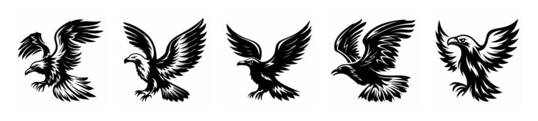 Fototapeta premium Five distinct silhouettes of a seagull captured in mid-flight with wings spread wide