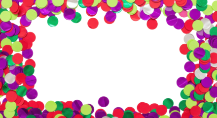 photorealistic flat lay of vibrant circular paper and metallic foil confetti (red, magenta, purple, green) scattered on bright white surface with central copy space. Modern festive design concept