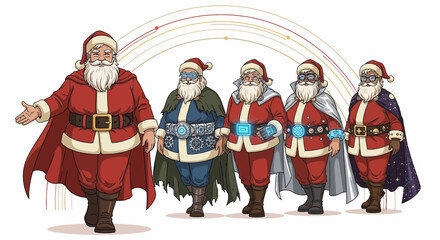 Obraz premium Futuristic Santa Squad: A Tech-Enhanced Christmas Celebration with Santa variations standing tall