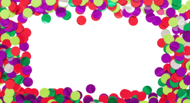 photorealistic flat lay of vibrant circular paper and metallic foil confetti (red, magenta, purple, green) scattered on bright white surface with central copy space. Modern festive design concept