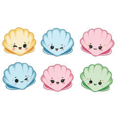 Cute Kawaii Pastel Scallop Shell Clipart Set with Happy Faces