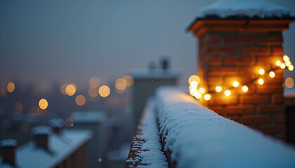 Snow-covered chimney with warm lights during winter evening  