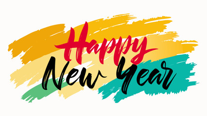 Happy new year handwritten text in bold brush strokes and vibrant colors on white background