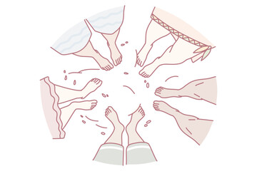 circle of underwear and bare legs, pastel illustration showing women friends exchanging panties during cozy laundry ritual, soft fabrics and varied skin tones, intimate supportive atmosphere