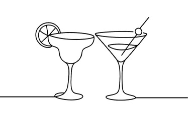 One-Line Drawing of Cocktail Glasses with Garnishes