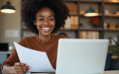 African small business owner smiling with paperwork and laptop. High quality
