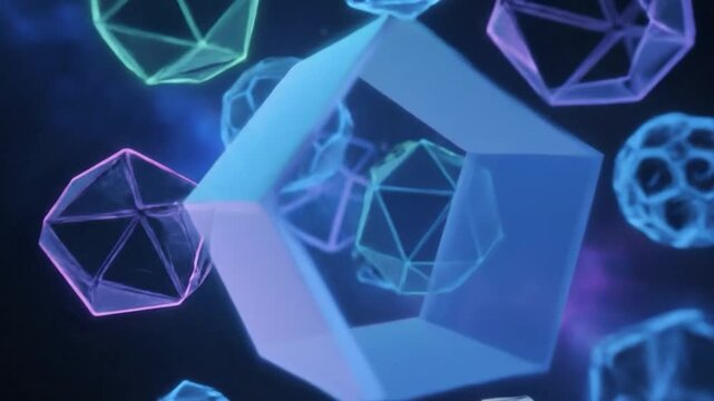 Glowing geometric shapes float in a dark, ethereal space with purple and blue light