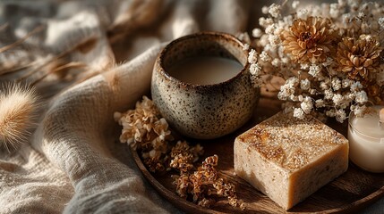 still life with coffee beans and cinnamons, boho style background