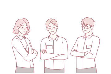 Portrait of businesspeople in uniform with badges showing confidence and professionalism. Workers in white shirts with IDs at workplace. Employment concept. Vector illustration.
