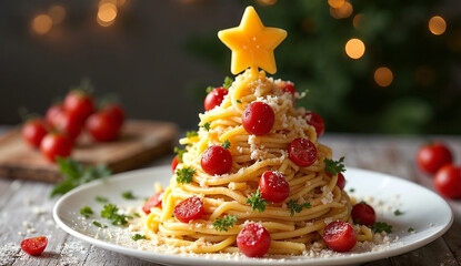 Festive Christmas tree style pasta with Christmas tree background
