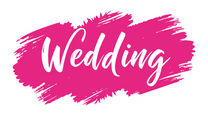White wedding text in a bold pink brush stroke splash on white background