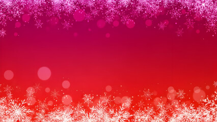 A festive winter background with a red and pink gradient, framed by white snowflakes and sparkling bokeh lights.