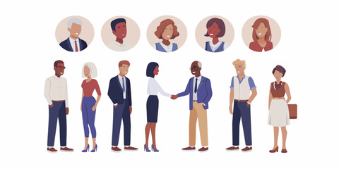 Diverse business team illustration with handshake and headshot avatars