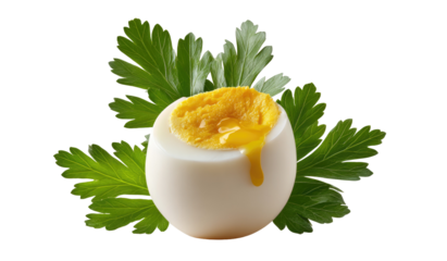 Hard boiled egg cut in half with visible yolk detail on transparent background