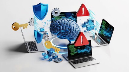 Artificial intelligence brain surrounded by laptops, security shield, and warning signs, concept of cyber security - Powered by Adobe