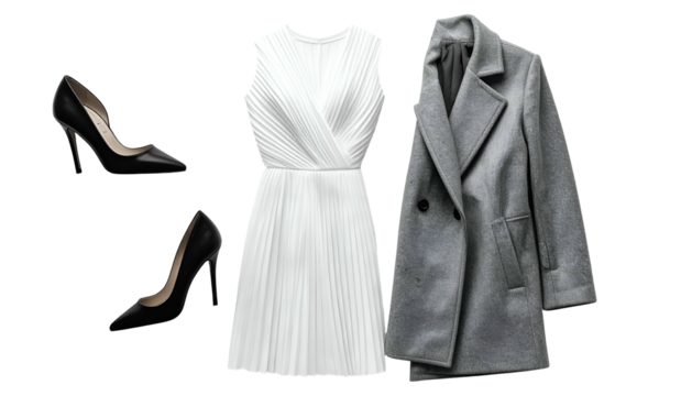 Dress, coat, heels fashion spread, on isolated background