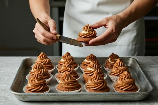 Person decorating cupcakes with chocolate frosting using a knife - Powered by Adobe
