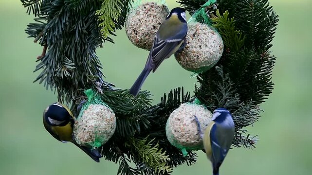 Blaumeisen und Kohlmeisen fressen Meisenkn&ouml;del 