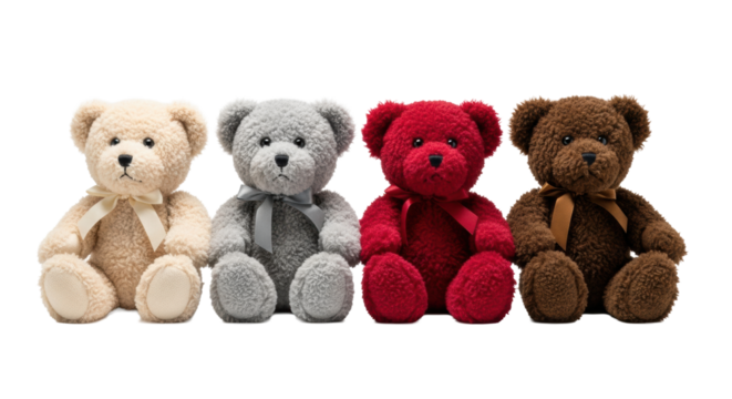 four detailed vintage faux mohair teddy bears (beige, grey, red, brown) sitting in a row on a high-key white background, professional macro product shot. concept of childhood companionship and comfort