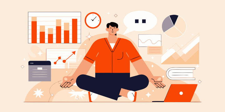 Man meditating amidst data charts promoting calmness and focus in business