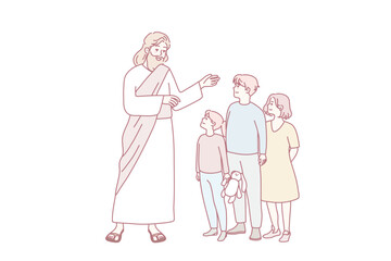 Smiling Jesus Christ talking with small children in garden. Caring Messiah speak with little kids outdoors. Religion and faith. Vector illustration.