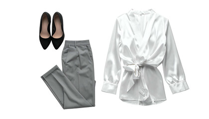 Outfit white blouse, grey trousers, black heels