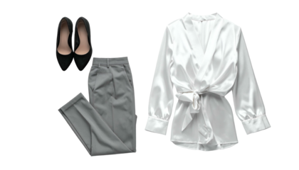 Outfit white blouse, grey trousers, black heels