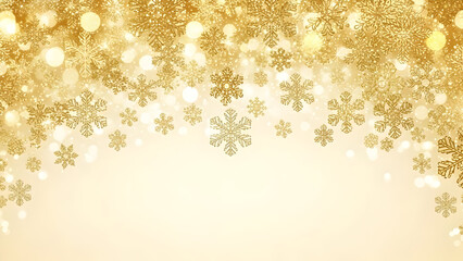 A festive Christmas background with an arch of glittering golden snowflakes and shimmering bokeh lights.