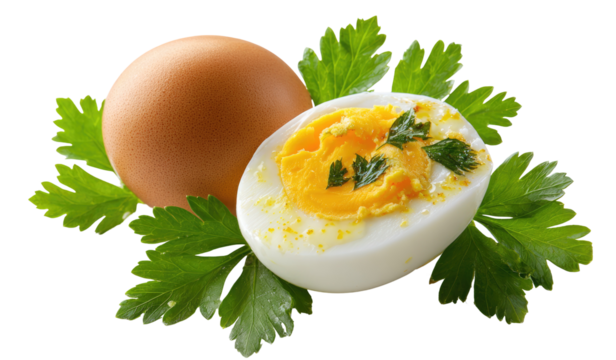 Hard boiled egg cut in half with visible yolk detail on transparent background
