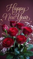 Fototapeta premium Happy New Year romantic red roses bouquet greeting illustration