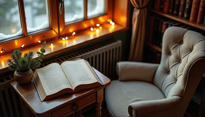 Cozy reading nook with an open book and warm lights by the window  