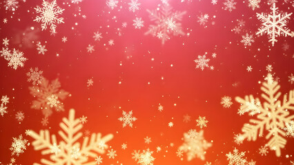 Abstract festive Christmas background with shimmering snowflakes and soft glowing lights on a red gradient.