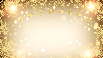 Shimmering gold holiday background with a festive frame of snowflakes, stars, and bright bokeh lights.