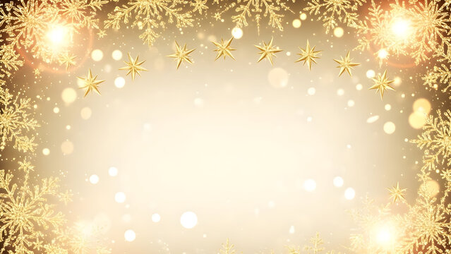 Shimmering gold holiday background with a festive frame of snowflakes, stars, and bright bokeh lights.