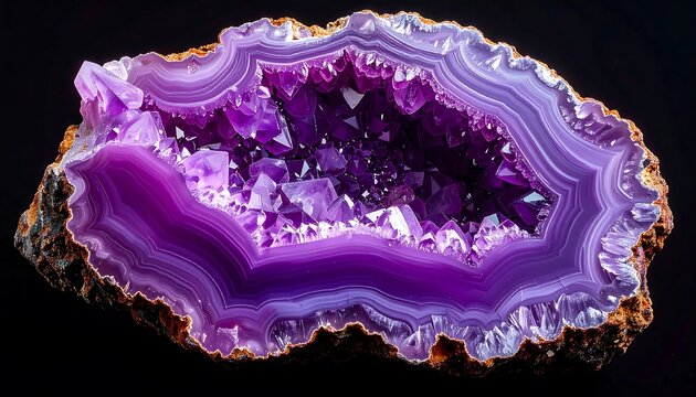 Vibrant purple geode interior reveals crystalline structure within a rough, layered outer shell against a dark background