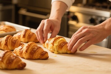 Hands arranging freshly baked croissants on a baking sheet in a kitchen