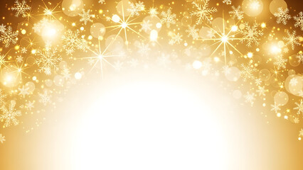 A festive golden background with sparkling stars, snowflakes, and bokeh lights forming an arch over a bright white space.