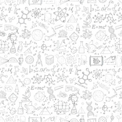 seamless pattern of detailed molecular structures, complex formulas, and scientific icons rendered in precise monochrome line art on a stark white background. concept of intellectual education