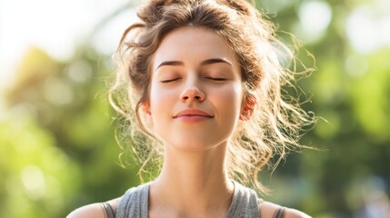 A young woman stands outside with her eyes closed and a content smile on her face. She is surrounded by vibrant greenery soaking in a calm moment during a sunny afternoon.