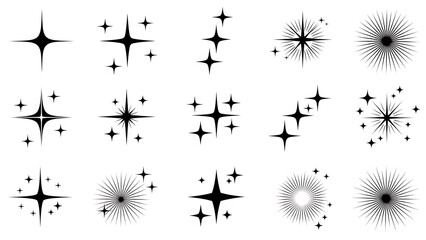 Collection of various sparkling and starburst light effects. a set of shining graphic elements, twinkling stars, and glow icons for design.